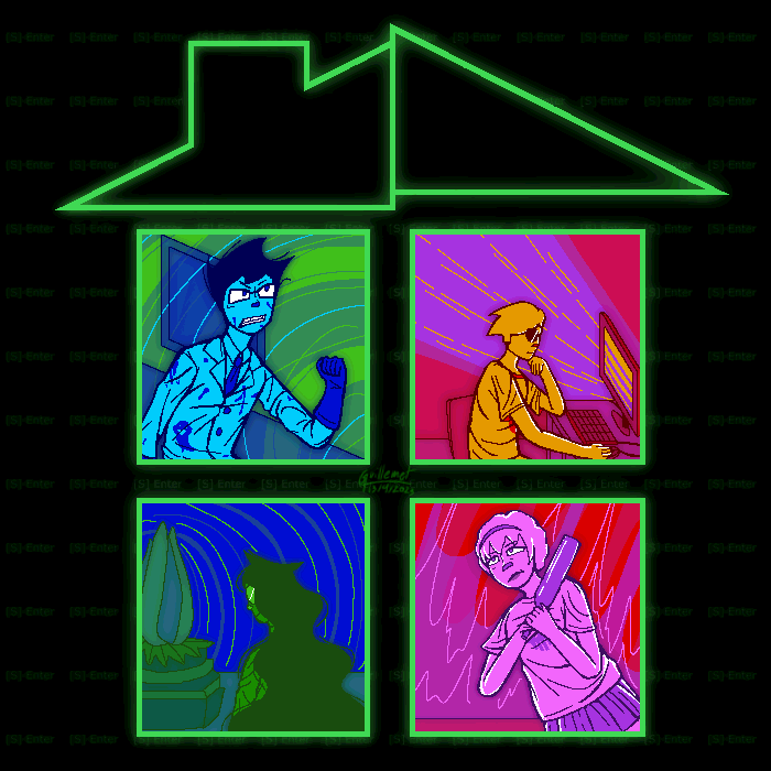 A slightly abstract redrawing of various frames from the [S] Enter. flash animation, all showcasing each of the Beta kids.